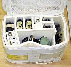 The ARISS initial amateur gear in a NASA "soft stow" bag that protects the gear during flight and transfer from the shuttle to the ISS.
